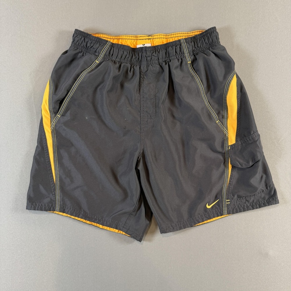 Nike Shorts Mens Small Black Yellow Colorblock Elastic Waist Cargo Swim Shorts